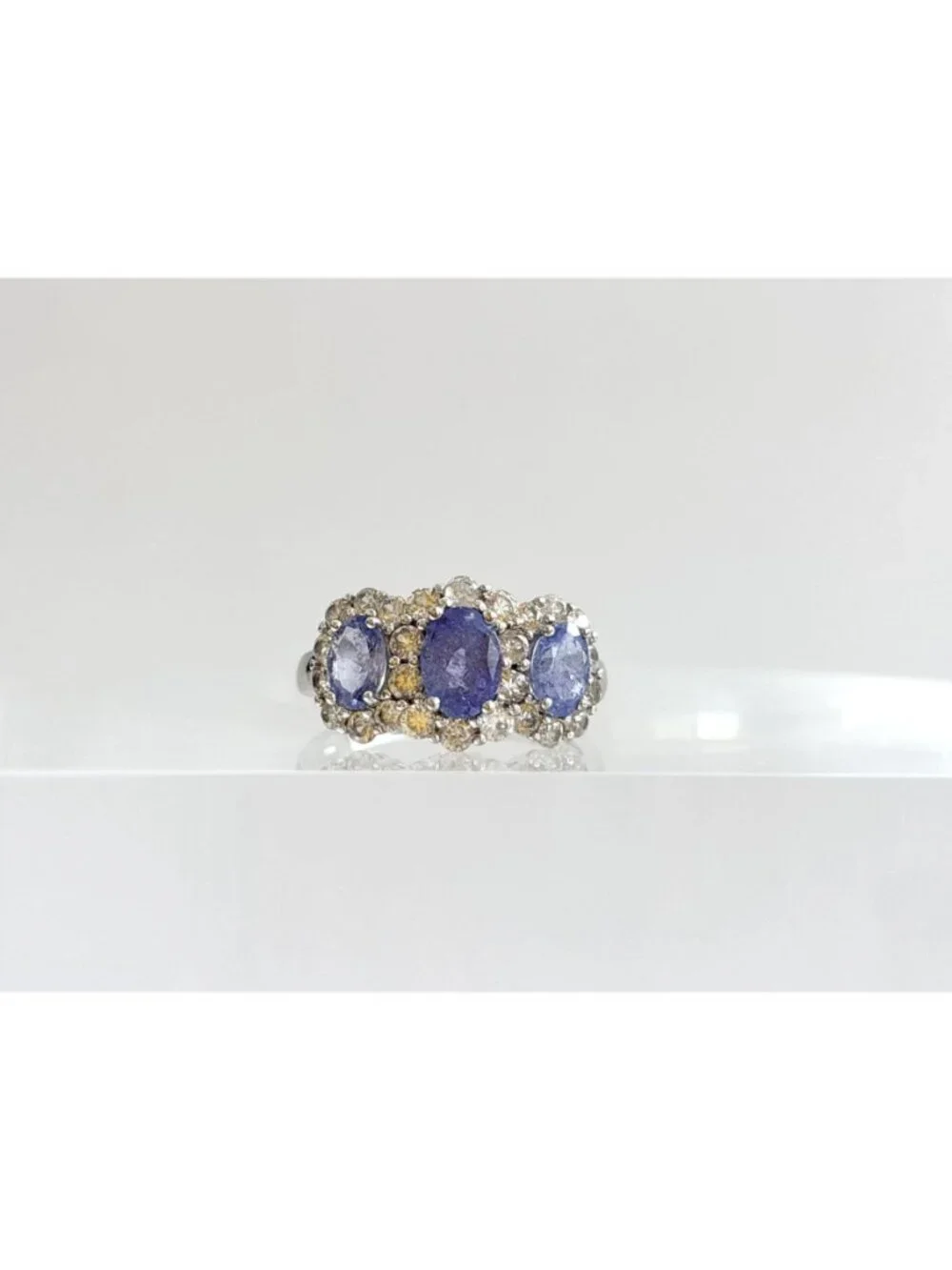 Tanzanite Gemstone Triple Oval Cut Halo Sterling Silver 925 Vintage Ring - sz 8